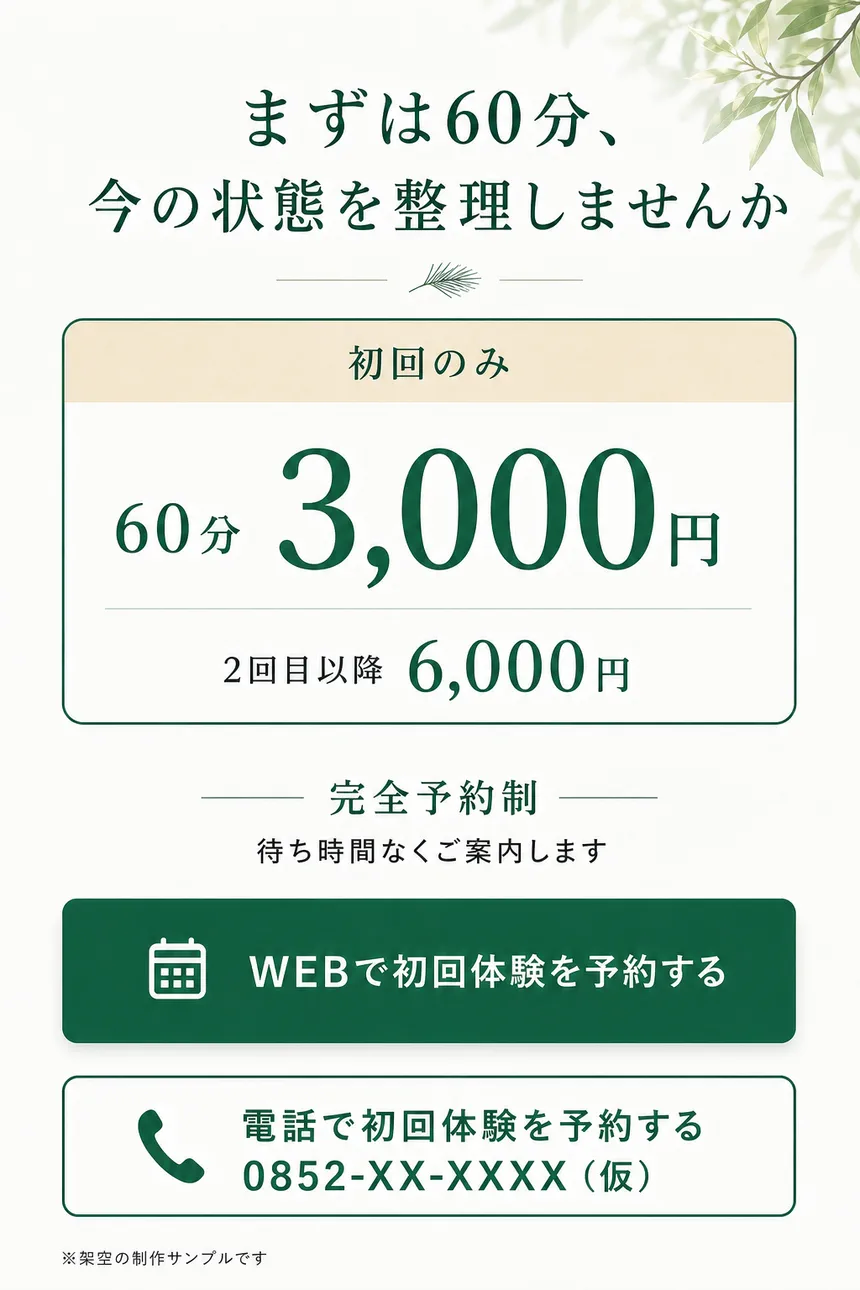 初回60分3,000円、2回目以降6,000円の料金案内