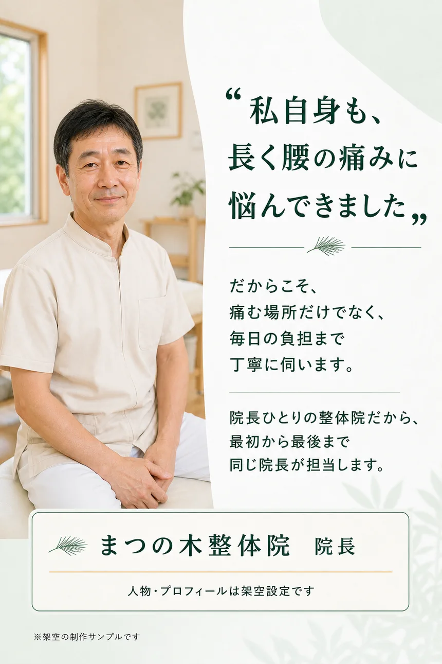 腰の痛みに悩んだ経験を持つ架空の院長紹介