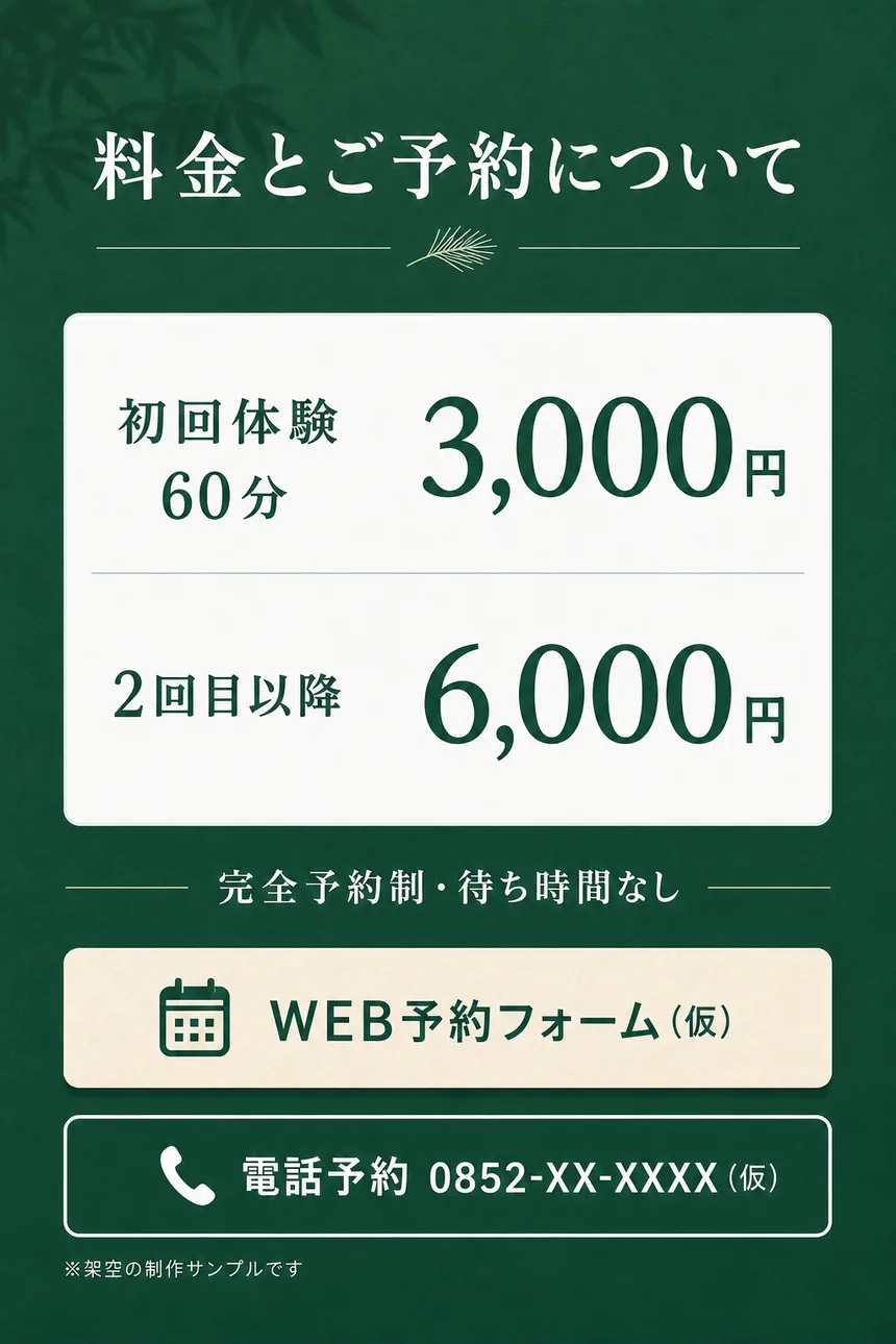 初回体験60分3,000円、2回目以降6,000円、完全予約制の案内