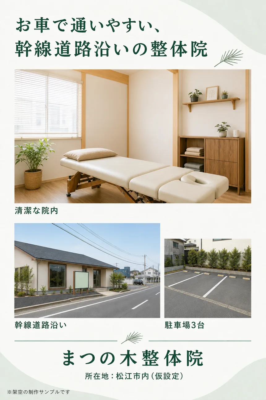 清潔な院内、幹線道路沿いの外観、駐車場3台の案内